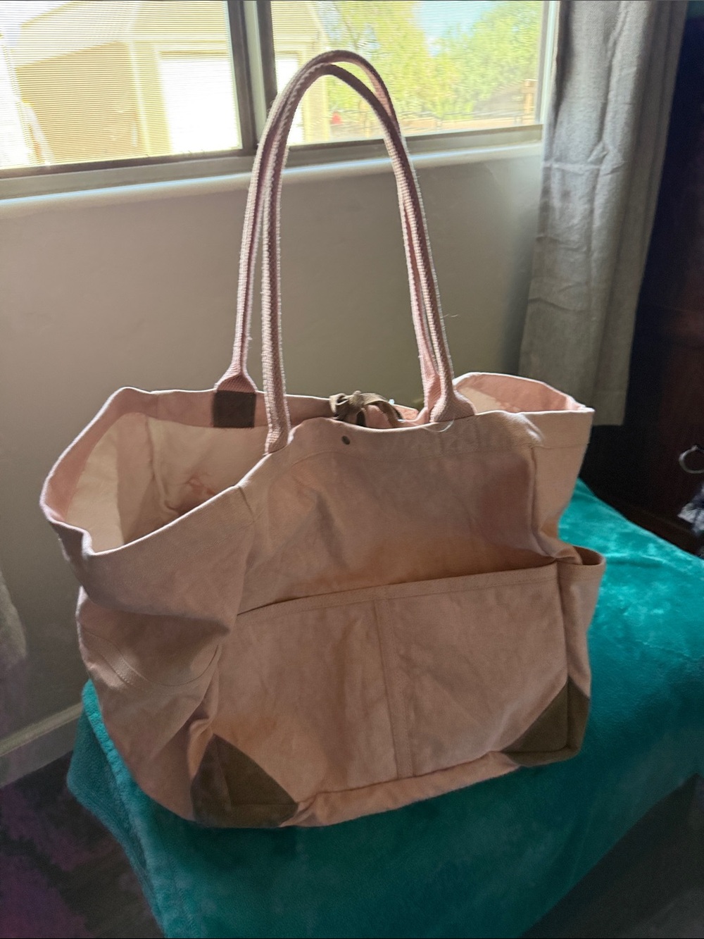 Free People Blush Pink Canvas Tote with Brown Accents